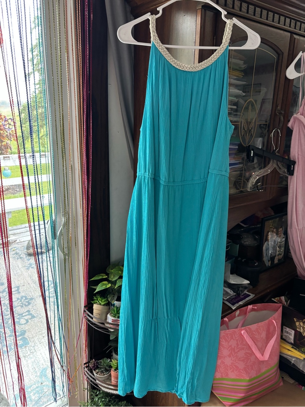 Nina Leonard Teal Sleeveless Maxi Dress with Braided Neckline